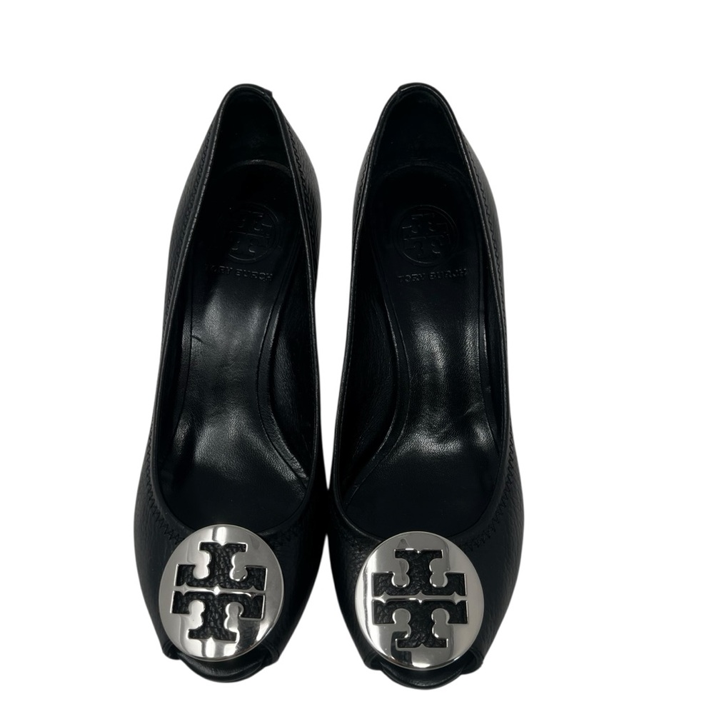 Tory Burch Black Leather Peep-Toe Wedge with Silver Logo - Picture 5 of 10